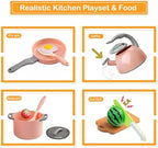 90Pcs Kitchen Playset Accessories, Pretend Cooking with Pots, Pans, Cookware, Food, Fruit, Veges, Color Sorting Baskets, Prop Money, Learning Gift for Girls Boys Toddlers (Pink) - Image 4