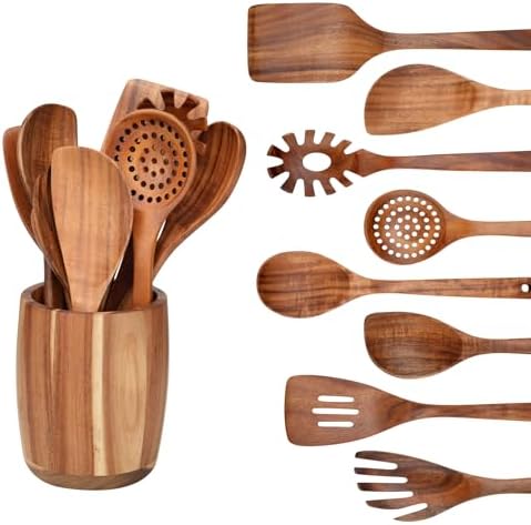 9 PCS Kitchen Utensils Set - Wooden Spoons for Cooking, Natural Teak Wooden Utensils - Includes Wooden Spoons, Spatula Set, Slotted Spoon - Handmade Wooden Spoon Set by WoodenKitchenUtensilsSet