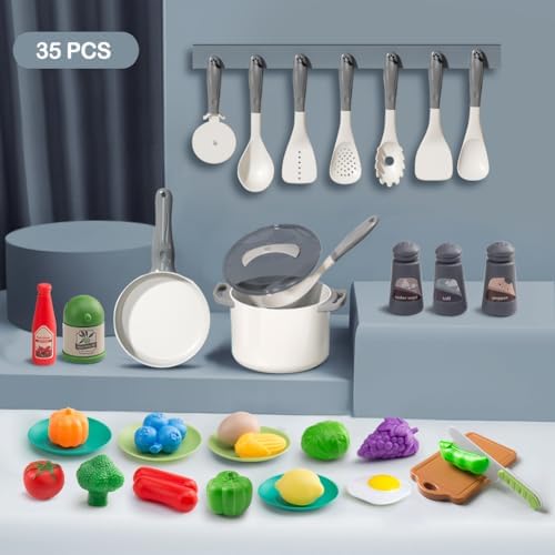 35Pcs Kids Kitchen Toy Accessories, Toddler Pretend Cooking Playset with Play Pots, Pans, Utensils, Cookware, Play Food Set, Toy Vegetables, Learning Gift for Girls & Boys (White) - Image 2