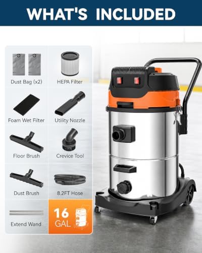 Industrial Wet Dry Shop Vacuum 2-Motors, 16 Gallon 2400W Heavy Duty Power - Image 5