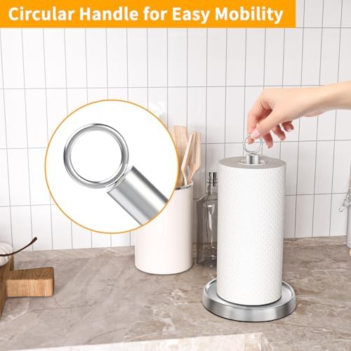 Paper Towel Holder Countertop, Stainless Steel, Weighted Non-Slip Base, Fits Standard and Jumbo Rolls, Freestanding Paper Towel Stand for Kitchen Bathroom Decor, Silver - Image 2