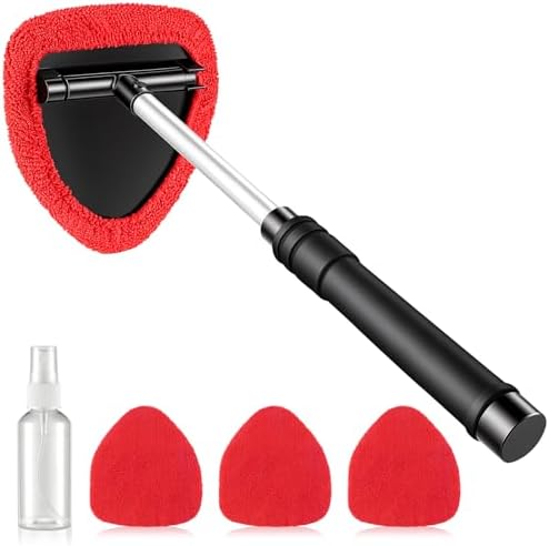 JUSTTOP Windshield Cleaner Tool, Car Interior and Exterior Window Cleaning Kit with Extendable Handle & 4 Reusable Microfiber Pads, Auto Glass Wiper Brush Kit for Car & Home Windows (Red) by JUSTTOP
