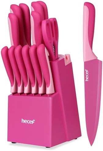 hecef 15 Pieces Kitchen Knife Set with Built-in Sharpening Wooden Block, Dishwasher Safe, High Carbon Stainless Steel Knife Block Set with Steak Knives, Kitchen Scissors, Hot Pink by hecef