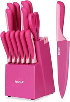 hecef 15 Pieces Kitchen Knife Set with Built-in Sharpening Wooden Block, Dishwasher Safe, High Carbon Stainless Steel Knife Block Set with Steak Knives, Kitchen Scissors, Hot Pink by hecef