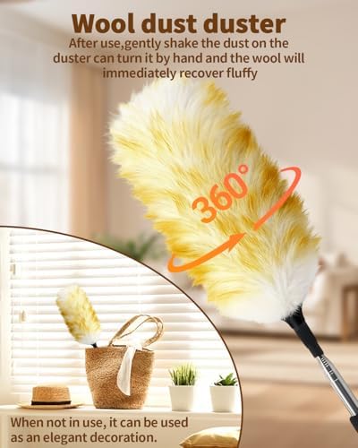 Extendable Wool Duster, 18-48 Inch Long Handle Duster with Natural Fluffy Wool Head, Dusters for Cleaning Ceiling Fans, Blinds, High Ceilings, Furniture, Washable & Reusable - Image 5