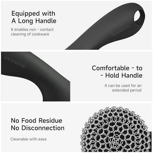 SUBEKYU Cast Iron Scrubber with Silicone Handle, Stainless Steel Skillet Cleaner for Cast Iron Pans (Black Scrubber + Scraper) - Image 5