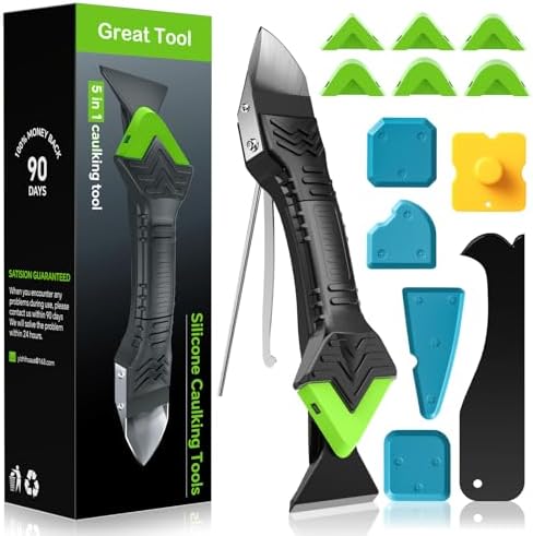 Goopreen 5 in 1 Caulking Tool Silicone Caulking Grout Removal Sealant Finishing Tool with Stainless Steel Head, 6 Replaceable Pads, Gap Seam Repair Kit for Kitchen Bathroom Sink Toilet Caulking by Goopreen