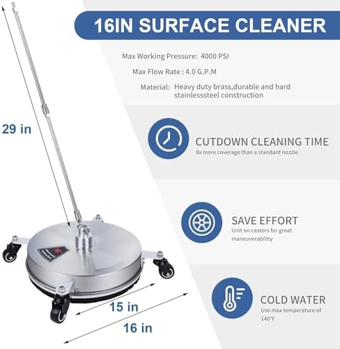 Biswing 16" Pressure Washer Stainless Steel Surface Cleaner with 4 Wheels & 1/4" Quick Connector, Power Washer Attachment with 2 Extension Wand, 2 Replacement Nozzles, 4000 PSI - Image 2
