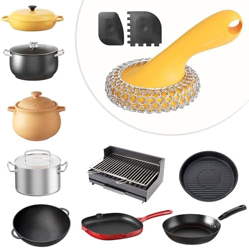 SUBEKYU Cast Iron Scrubber with Silicone Handle, Stainless Steel Skillet Cleaner for Cast Iron Pans (Yellow Scrubber + Scraper) - Image 6