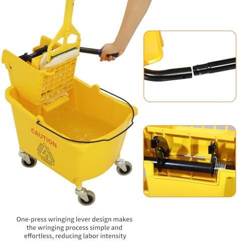 Commercial Mop Bucket with Side-Press Wringer for Floor Cleaning, 35 Quarts, Yellow, Including One Commercial Mop - Image 4