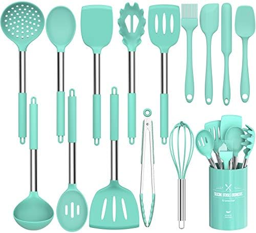 Silicone Cooking Utensil Set, Umite Chef 15pcs Silicone Cooking Kitchen Utensils Set, Non-stick - Best Kitchen Cookware with Stainless Steel Handle - Green by UmiteChef