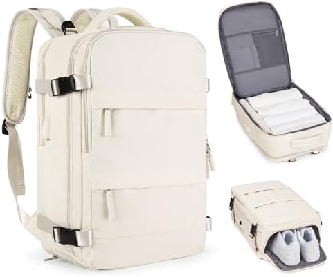 Beige Large Travel Backpack For Women Men Airline Approved Personal Item Backpack For Airlines Carry On Backpack Flight Approved Waterproof Backpack For Traveling On Airplane Weekender Travel Bag by coofay
