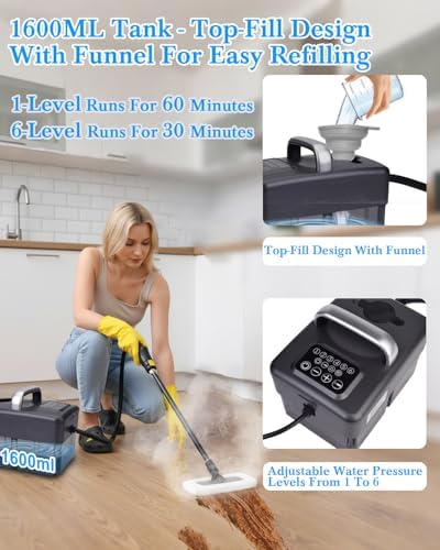 Steam Cleaner for Home - 1600ML Water Tank 15s Heat-Up Portable Steamer for Cleaning, 6 Level Adjustable, 2500W, 45PSI, 250°F Steam, Handheld Steam Cleaner for Car Detailing, Grease, Tile,Grout - Image 5