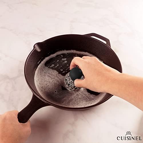 Cuisinel Cast Iron Chainmail Scrubber + Pan Scraper - Ergonomic Design Stainless/Silicone Cleaner for Pots & Skillets - Easy to Clean, Dishwasher Safe, Cookware Sponge Accessory - Image 6