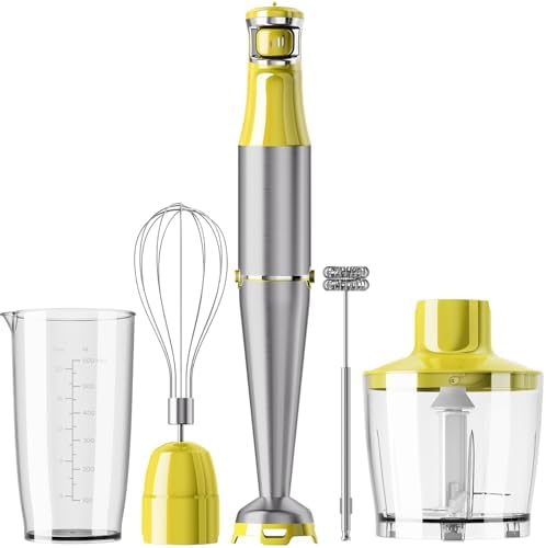 Turelar Immersion Blender Handheld Corded Hand Blenders Set 1100W, Trigger Variable Speed 5 in 1 Stick Emulsifier with Chopper, Whisk and Frother for Soup, Baby Food and Smoothies, Yellow by Turelar