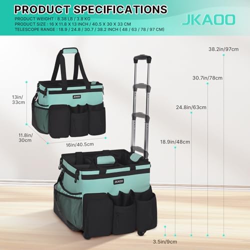 JKAOO Large Rolling Cleaning Caddy Bag with Detachable Trolley, Blue-Green - Image 2