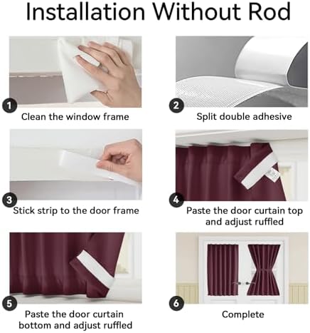 Vatge Thermal Insulated Blackout Front Door Curtains - Self Adhesive Door Blind Panel for French/Patio Door, 1 Panel, W25 x L72, Burgundy - Image 3