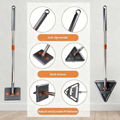 85'' Wall & Ceiling Mop with Long Handle, Wall and Baseboard Cleaner Tool, 2 Mop Heads (Triangle Corner + Square), 8 Reusable Washable Pads (Chenille/Microfiber/Scrub) for Shower Walls, Tile, Floors - Image 4