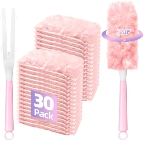 30 Count Duster Refills Compatible with Swiffer Handle, 360° Multi-Surface Duster Refills with 1 Handle, Dusters with 5X Microfibers for Cleaning Home, Furniture, Electronics, Office, Blinds by Jueerun