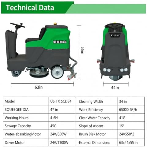 Commercial Ride-On Floor Scrubber Machine – 34" Cleaning Path, Heavy-Duty Battery Powered Floor Cleaning Machine, 41 Gal Solution Tank, 45 Gal Recovery Tank, 24V/200Ah Battery (US-TX-SCD34) - Image 5