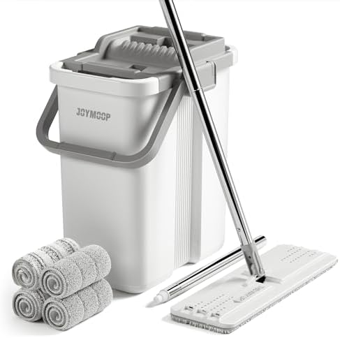 JOYMOOP Flat Mop System, Microfiber Mop and Bucket Set, White, Household & Commercial Floor Cleaning Mop with Long Handle, Hands-Free Cleaning System by JOYMOOP