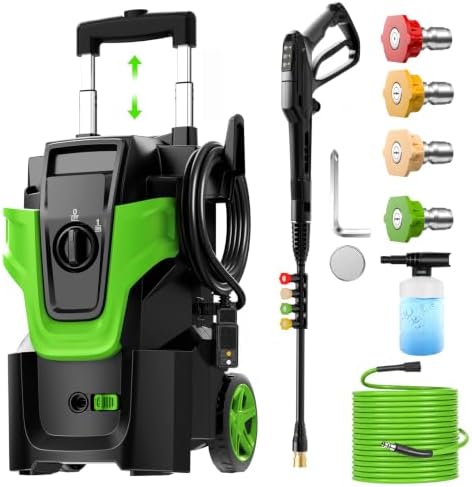 5000PSI Heavy Duty Pressure Washer, 3-Speed Adjustable Power Washer with 2-Stage Pull Rod, 4 Nozzles, 35FT GFCI Cord & 500ml Soap Bottle for Car, Home & Outdoor Cleaning,Green by Toyqqeow