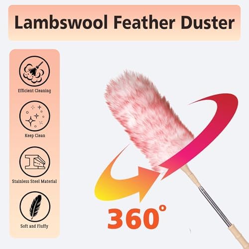 Lambswool Duster Extendable 22–55 Inch Natural Wool Duster with Flexible Head for Ceilings Furniture Blinds Electronics Washable Reusable-Red - Image 4