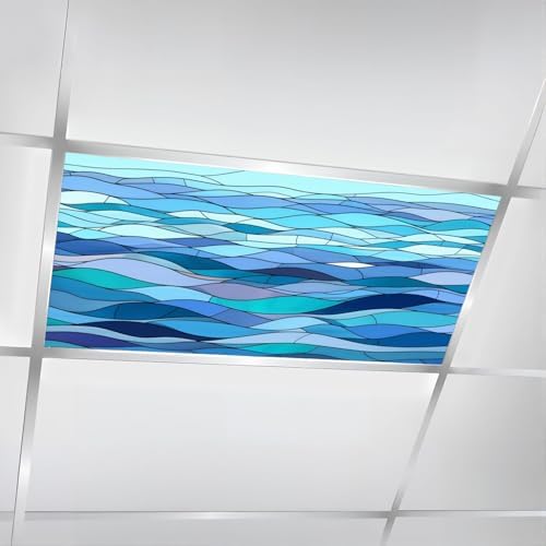 6 Pcs Fluorescent Light Covers for Ceiling Lights Abstract stylized wave sky like stained glass window Magnetic Decorative Shade Filters 4x2 ft for Classroom Office Hospital Decor by DERUINVAIO