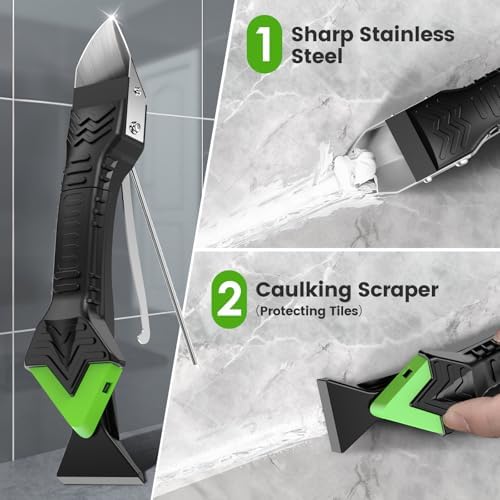 Goopreen 5 in 1 Caulking Tool Silicone Caulking Grout Removal Sealant Finishing Tool with Stainless Steel Head, 6 Replaceable Pads, Gap Seam Repair Kit for Kitchen Bathroom Sink Toilet Caulking - Image 3