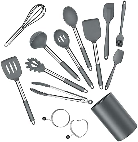 E-far Kitchen Utensils Set, 14-Piece Gray Silicone Cooking Utensils Set by E-far