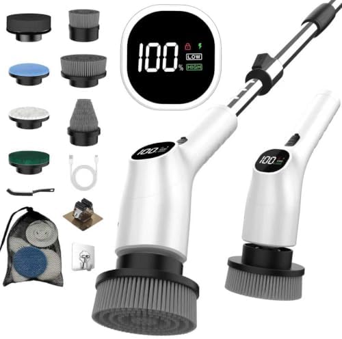 WKY-Electric Spin Scrubber - 10-in-1 Cordless Shower Scrubber & Cleaning Brush with Extendable Handle, 44 in-lbs Ultra High Torque, 2 Speeds, IPX7, LED Display, Smart AI Chip, for Bathroom, Kitchen by WKY