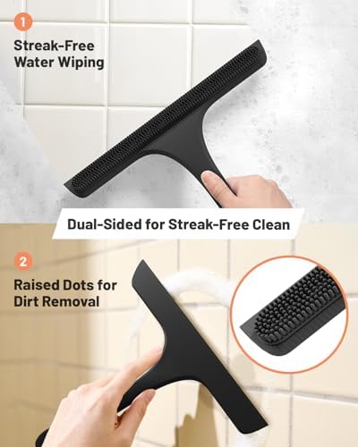 2-in-1 Silicone Shower Squeegee with Hook,Dual-Sided Design with Scraper & Scrub Surface,Rust-Proof Stainless Core,Streak-Free Bathroom Squeegee for Glass Doors,Mirrors,Windows,Car Windshields (Black) - Image 3