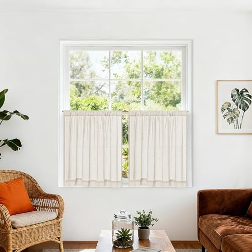 Beige Semi Sheer Linen Kitchen Curtains 30 Inch Length 2 Panels by DUKIYO