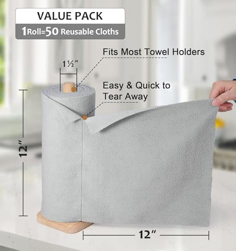 UPSTAR Microfiber Cleaning Cloth, Reusable Paper Towels Rolls, 50 Packs 12x12 inch Cleaning Rags for Washing Dishes, Kitchen, Bathroom, Car, Grey - Image 3