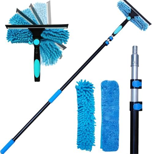 20 Ft+ Reach 2 In 1 Window Squeegee Duster with 5-to-12 Foot Extension Pole, Cleaner Tool with 3-Stage Telescoping Pole, Cleaning Kit with Rotatable Head - Chenille Cloth + Microfibre Cloths Head by SINYUM