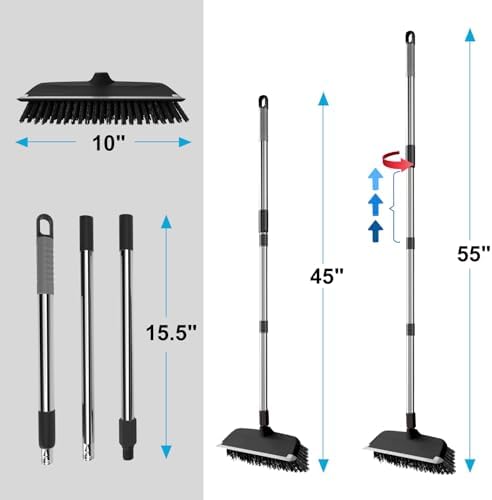 ITTAR Floor Scrub Brush with 55" Long Handle, 10" Wide Stiff Bristles Deck Brush, Stainsless Steel Pole Heavy-Duty Cleaning Brush, 2-in-1 Scrubber with Ruber Squeegee for Deck, Patio, Pool, Tile, Wall - Image 5