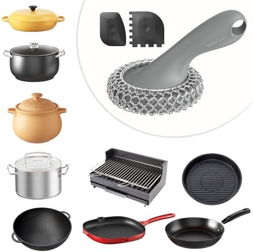 SUBEKYU Cast Iron Scrubber with Silicone Handle, Stainless Steel Skillet Cleaner for Cast Iron Pans (Gray Scrubber + Scraper) - Image 6