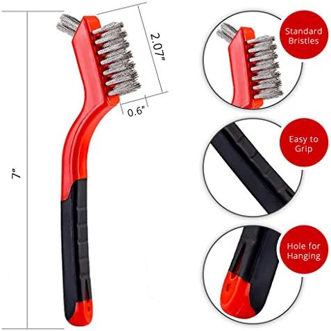Wire Brush Set 3PCS - Nylon/Brass/Stainless Steel Bristles with Curved Handle Grip for Rust, Dirt & Paint Scrubbing with Deep Cleaning – 7 Inches (Red) - Image 2