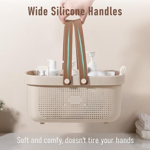 Portable Shower Caddy Basket with Handles Plastic Storage Basket Beige - Image 6