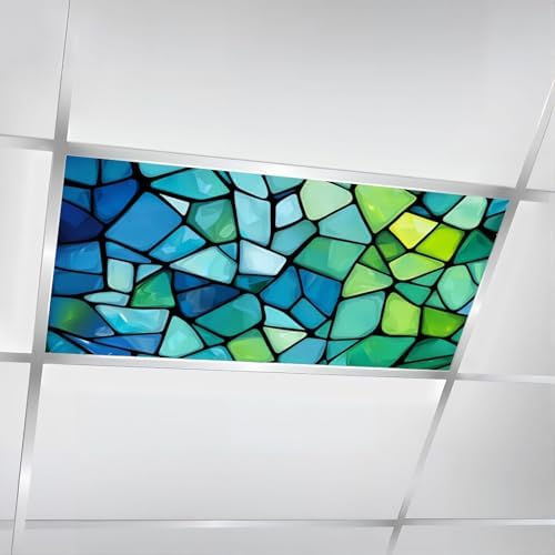 6 Pcs Fluorescent Light Covers for Ceiling Lights abstract stained glass mosaic blue green Magnetic Decorative Shade Filters 4x2 ft for Classroom Office Hospital Decor by DERUINVAIO