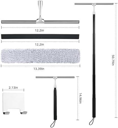 Toncoke 2 in 1 Window Squeegee, Shower Squeegee Window Cleaning Kit with Extension Pole Long Handle Squeegee for Shower Glass Floor Bathroom Home Outdoor, 12 inch Wide, Black - Image 2