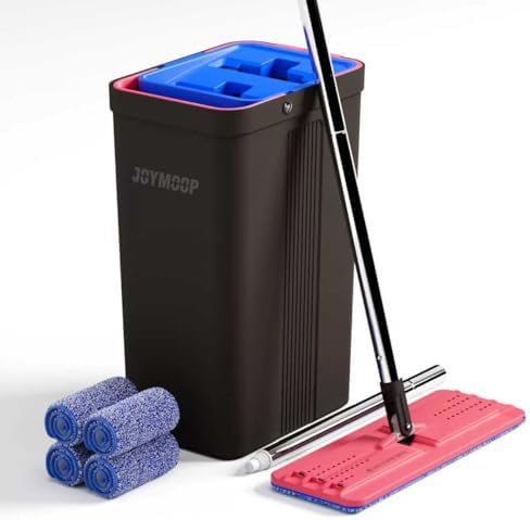 JOYMOOP Mop and Bucket with Wringer Set, Hands Free Flat Floor Mop and Bucket, with 4 Washable Microfiber Pads, Wet and Dry Use, Floor Cleaning System - Black+Red+Slate Blue by JOYMOOP