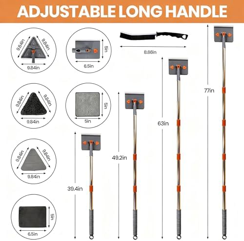 85'' Wall & Ceiling Mop with Long Handle, Wall and Baseboard Cleaner Tool, 2 Mop Heads (Triangle Corner + Square), 8 Reusable Washable Pads (Chenille/Microfiber/Scrub) for Shower Walls, Tile, Floors - Image 2