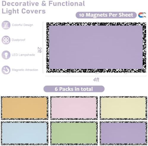6 Pcs Fluorescent Light Covers for Classroom Ceiling Lights 4x2 FT Colorful Magnetic Light Filters Pastel Decorative Panels for Back to School Office Hospital Ceiling Supplies (Colorful Composition) - Image 2
