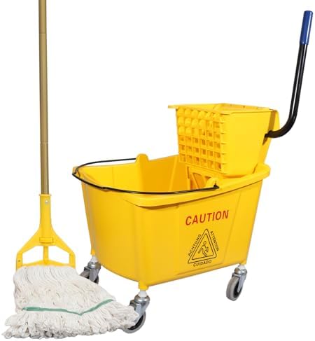 Commercial Mop Bucket with Side-Press Wringer for Floor Cleaning, 35 Quarts, Yellow, Including One Commercial Mop by wajeehaa