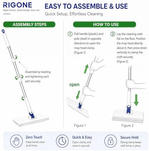 RIGONE Snap Grip Mop, Hands-Free Clamp Mop, Uses Towels, Rags and Cloths - Image 2