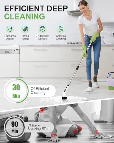 Electric Spin Scrubber for Cleaning Bathroom, Shower Scrubber Cordless Cleaning Brush with IPX7 Waterproof & 3 Speed, 9 Brush Heads, Bathroom Cleaning Supplies for Shower Tub Kitchen Tile Toilet Floor - Image 3