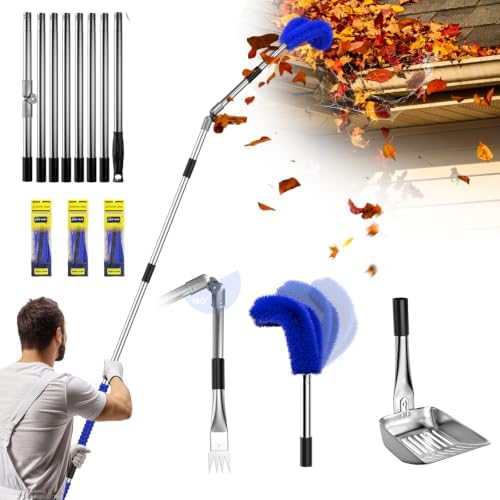 13ft Gutter Cleaning Tools From the Ground, No Ladder Needed, 3-in-1 Gutter Cleaner Pole with Replaceable Brush Rake Scoop, 180° Adjustable Angle for Leaves & Debris Cleaning with Grip Tapes, Blue by Canvcle