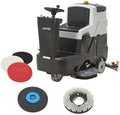 Battery Powered Ride-On Commercial Floor Scrubber Machine, 30" Brush, 39" Squeegee Width, 24 gal Solution Tank, 25 gal Recovery Tank, 5 hr Use 8 hr Charge, 180 RPM, 52,000 Sqft/H, Batteries Included by DapperSupply