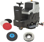 Battery Powered Ride-On Commercial Floor Scrubber Machine, 30" Brush, 39" Squeegee Width, 24 gal Solution Tank, 25 gal Recovery Tank, 5 hr Use 8 hr Charge, 180 RPM, 52,000 Sqft/H, Batteries Included by DapperSupply